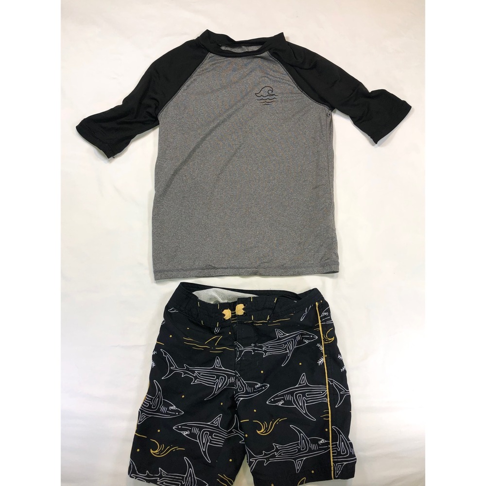 Art Class Kids Rash Guard and Shark Board Shorts Set Grey Black Size S 6/7